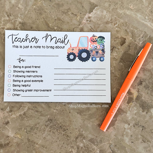 Teacher Mail Printed 4x6 Cards- Spooky Tractor