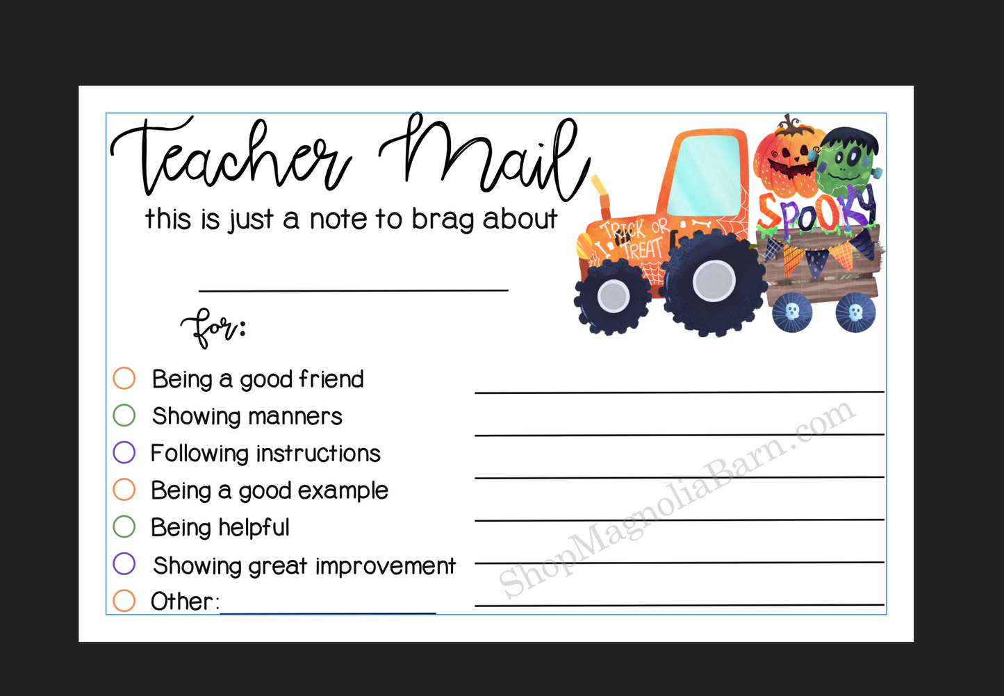 Teacher Mail Digital Download- Spooky Tractor